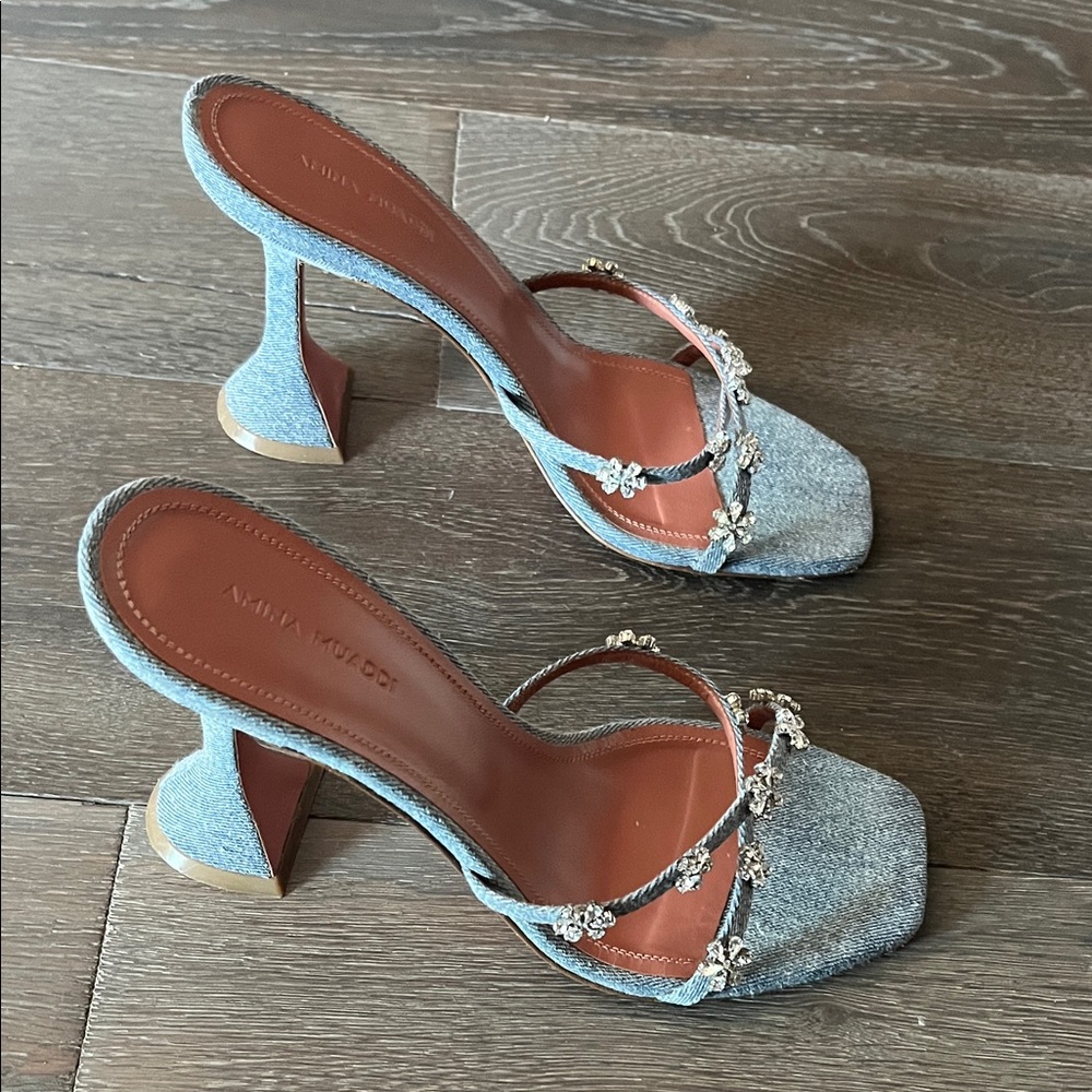 Amina Muaddi Blue Denim Heels with Floral Embellishments - Picture 4 of 4